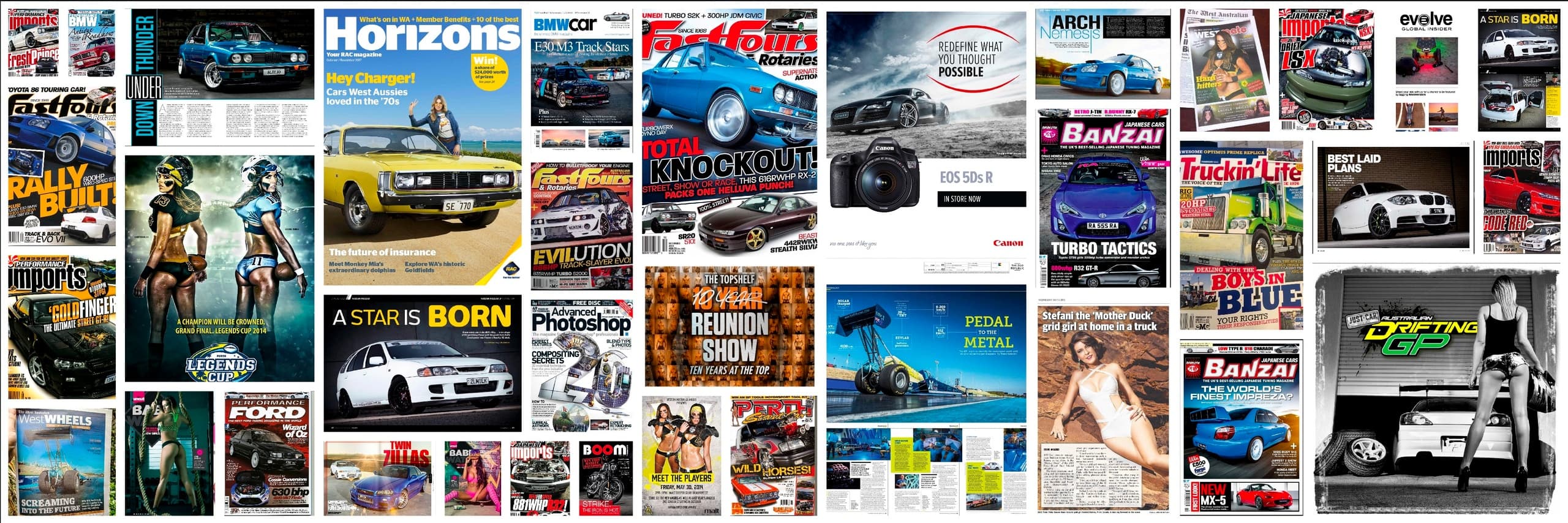 A panorama of magazine covers and editorial features photographed by Brodie Butler